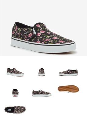 Vans Slip-On Floral Canvas Sneakers - Black with Pink and Green. NO SHOE BOX